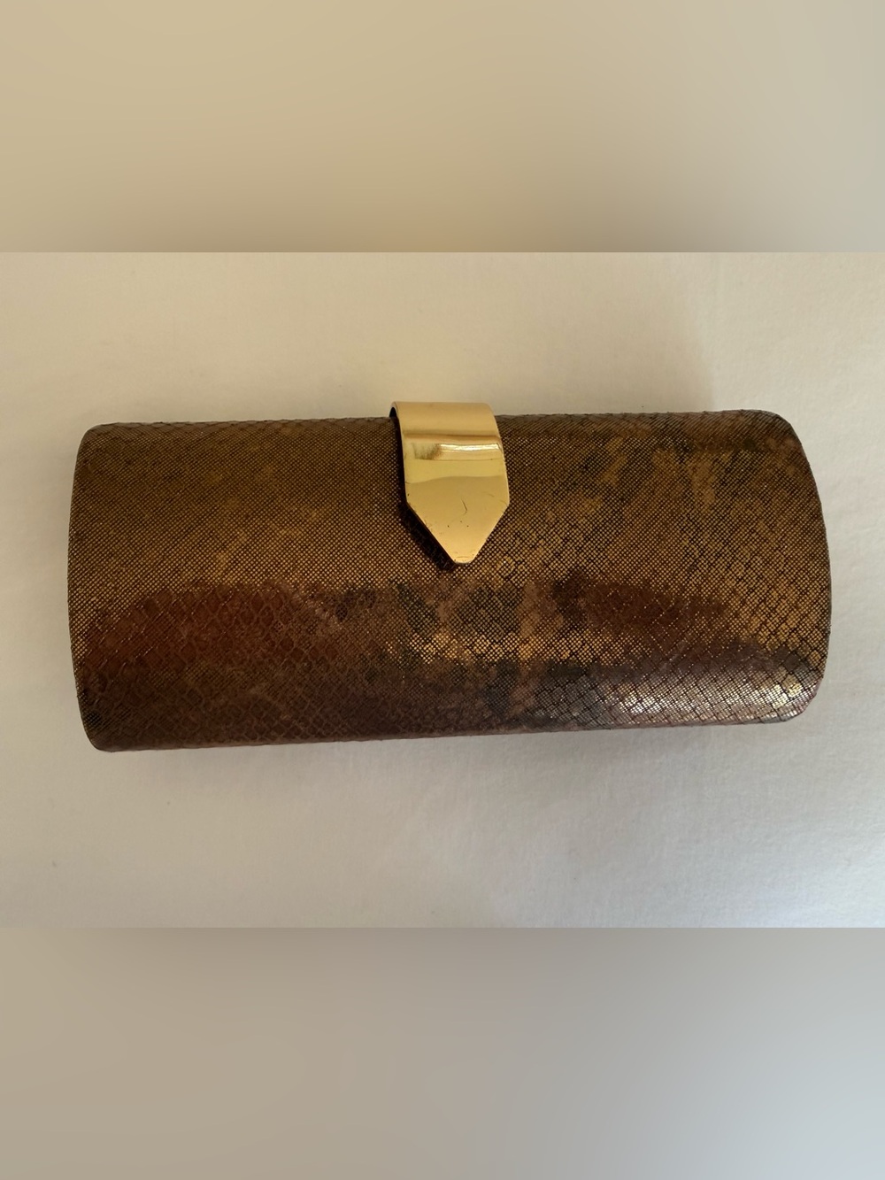 Bronze Reptile Textured  Leather Clutch with Gold Accent